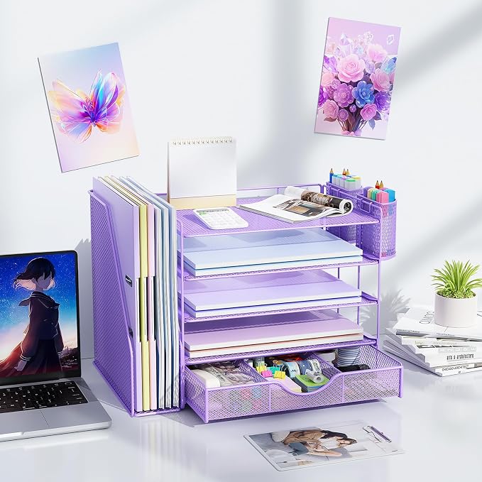 gianotter 5-Tier Desk Organizer with Drawers, File Holders, Letter Trays and Pen Holders - Workspace Accessories for Office Supplies (Light Purple)