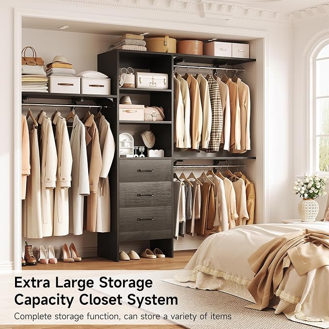 8FT Closet System, 96'' Closet Organizer System with 3 Hanging Rods, Wall Mount Bedroom Wardrobe with 3 Drawers Walk-in Closet, Adjustable Cloth Garment Rack from 5 to 8FT (Cut to Fit), Black