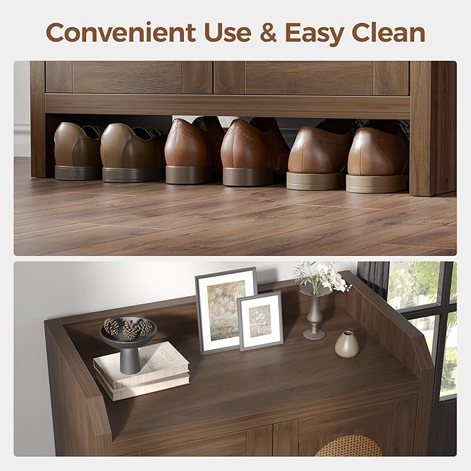 Mericonia Shoe Cabinet Storage for Entryway, Natural Rattan Storage Cabinet, Wooden Shoe Rack, Farmhouse Boho Wood Shoe Organizer Cabinet for Hallway Walnut