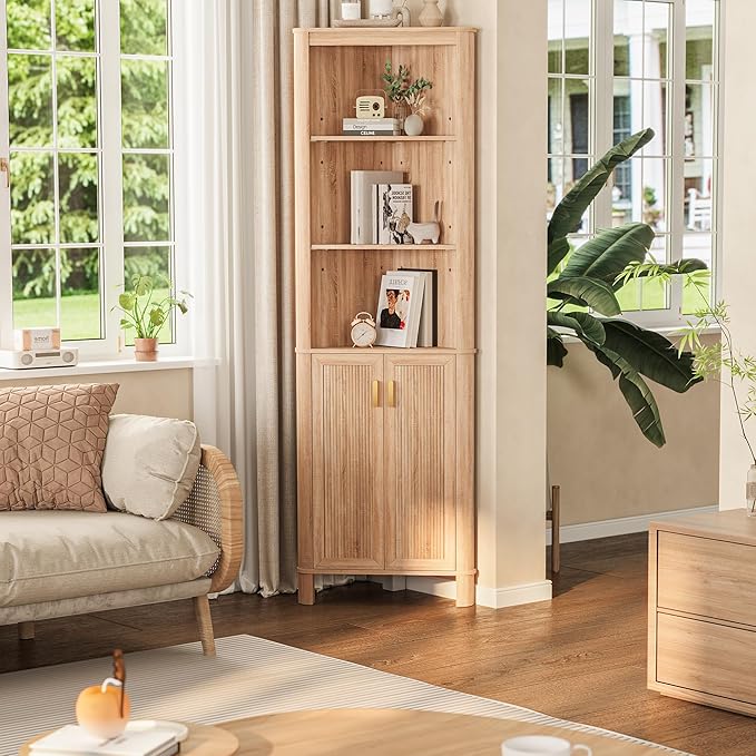 INNOD 69" Tall Corner Shelf with Doors, 6-Tier Corner Storage Cabinet with Doors, Space Saver Shelf for Bathroom, Bathroom Floor Cabinet for Living Room Kitchen, Hallway | with Doors, 6-Tier, with Doors, Space Saver Shelf