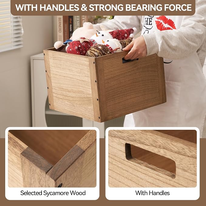 KIRIGEN Stackable Wood Storage Cube with Handles, Open Crate Bin, Brown | Wooden Box and Open Front ,Stackable for Books, Clothes, and Closet Storage, Assembly Required, 14.17 x 14.17 x 10.31 Inch