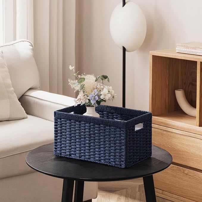 joybest Medium Wicker Baskets for Shelves, 13.4L x 8.3W x 7.1H inch Hand-woven Storage Baskets for Pantry Organizing, Foldable Rectangular Bin with Handles, 2-pack, Navy Blue