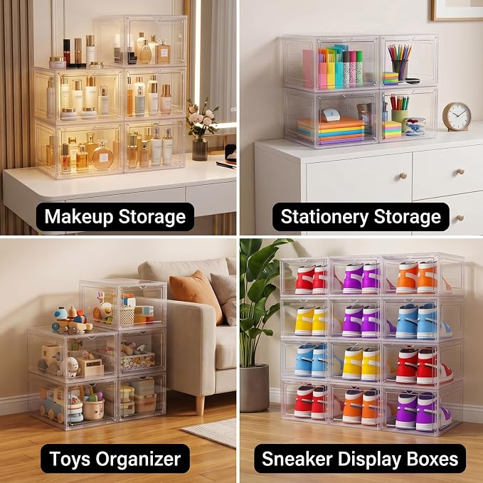 Large Clear Shoe Storage Boxes Stackable, 12 Pack Hard Plastic Shoe Storage Organizer with Magnetic Door, Shoe Container Sneaker Storage Display Case Fit up to US Size 12 Clear