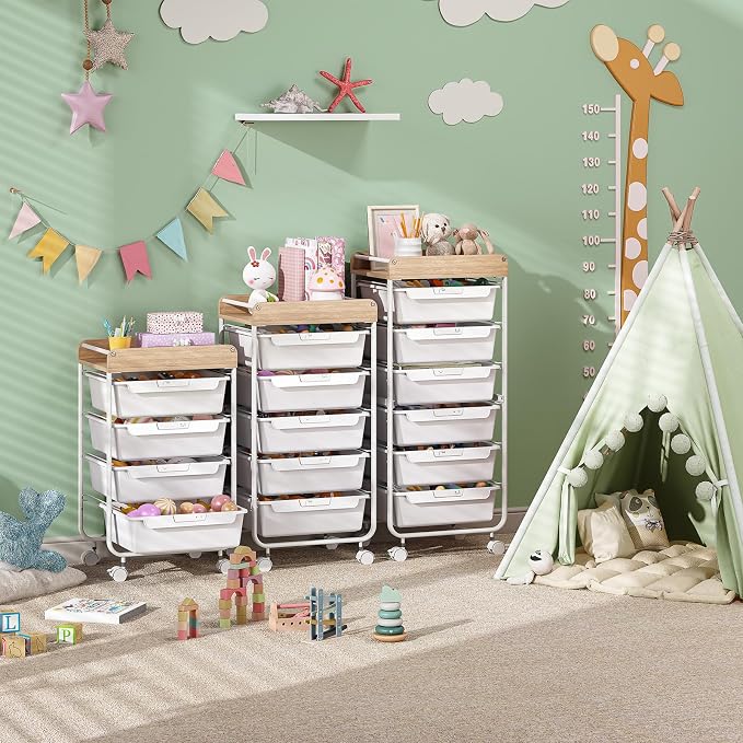 SYKIARIOL Rolling Cart with 6 Drawers,Utility Storage Cart with Drawers,Art Craft Organizers and Storage,Makeup Organizer with Wooden Tabletop,White