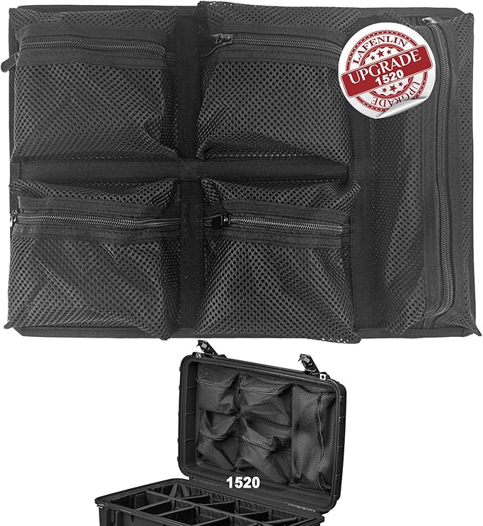 LAFENLIN UPGRADED Lid Organizer for Pelican 1520 Case, 5 Thick Mesh Pockets for Photographers & Divers, Securely Organize Camera Gears, Dive Tools in Hard Cases - No Screws, Includes Hook and Loop