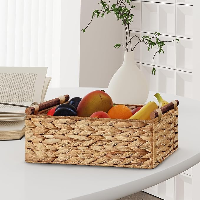 Vagusicc Wicker Storage Basket, Set of 2 Hand-Woven Water Hyacinth Wicker Basket for Organizing with Handle Decorative Storage Bins for Counter Pantry Shelves Toilet Paper Basket for Toilet Tank Top
