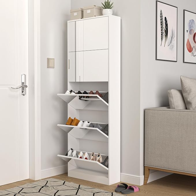 Mirror Shoe Cabinet, Hidden Shoe Storage Organizer with Flip Drawers Door, 5 Tier Free Standing Shoe Rack for Closet, Entrance | Real Glass Mirror | Fits Men's Size 15 | Narrow Organizer | Entryway Storage | Space-Saving | White