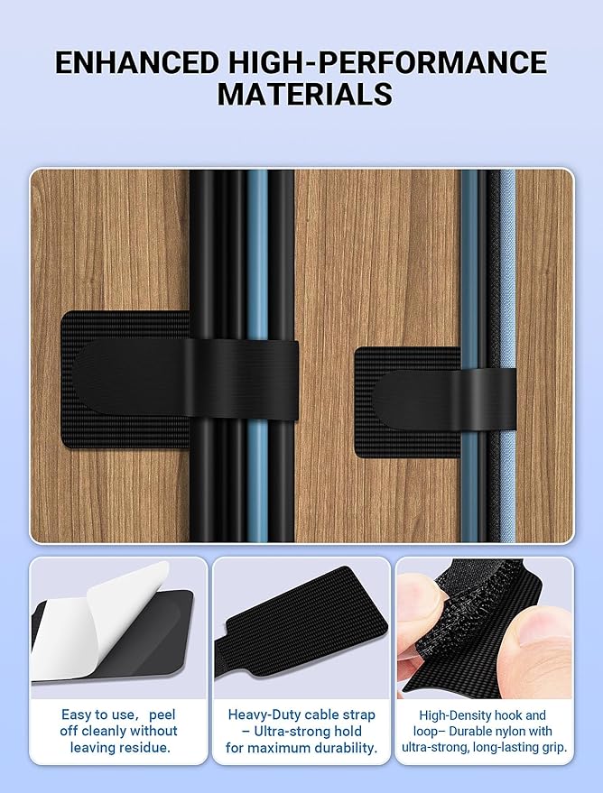 Extended Hook and Loop Cable Ties, Heavy-Duty Self-Adhesive Cable Straps, Cable Management Under Desk Cord Organizer, Adjustable Wire Organizers Cable Clips for Household & Office Essentials, 50PCS