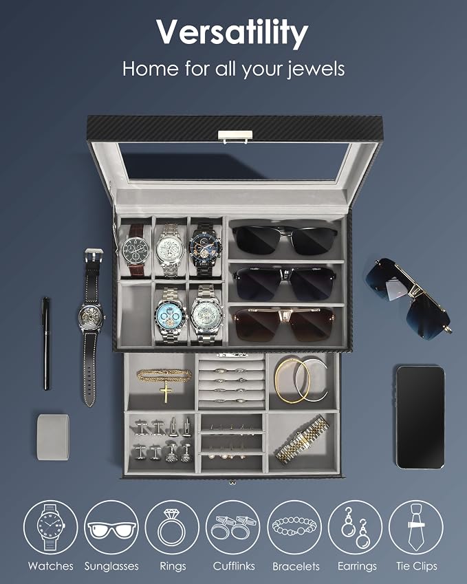 Kukikan Watch Jewelry Box Organizer, 6-Slot 2-Layer Watch Case and Sunglasses Storage with Large Glass Lid, Men's Jewelry Box with Lock, Watch Holder Display Case, Gift for Men Women