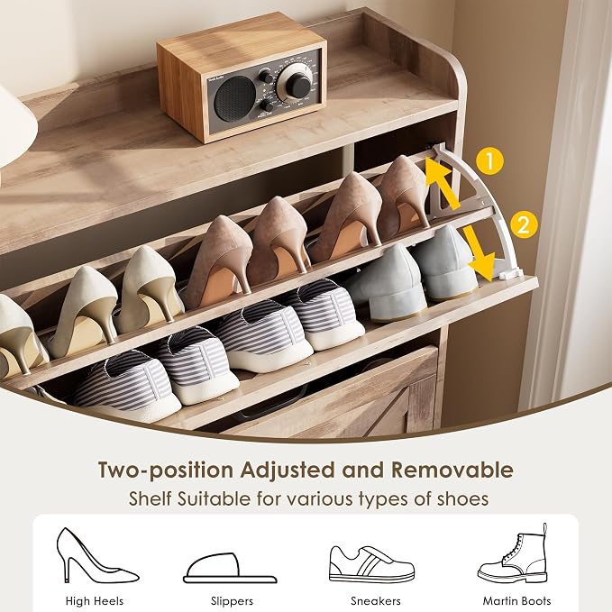 Nicetree Shoe Cabinet Storage for Entryway, Slim Shoe Storage Cabient with 2 Flip Drawers, Narrow Vertical Shoe Rack Cabinet with Metal Hooks, Small Space Solution for Hallway, Oak