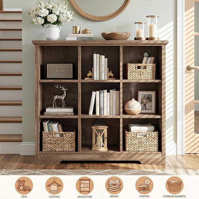 Aheaplus Wooden 9-Cube Storage Organizer with Charging Ports, Modern Cube Bookcase with Base, 4-Tier Floor Standing Open Cubbies Bookshelf, Cubicle Display Shelf for Home and Office, Cracked Oak