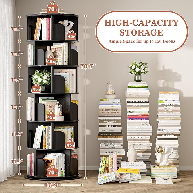 Aheaplus 6 Tier Rotating Bookshelf, Wood Spinning Bookshelf Tower, Round Revolving 360 Bookcase, Narrow Turning Book Shelf Rolling Corner Organizer for Small Space, Bedroom, Office, Black