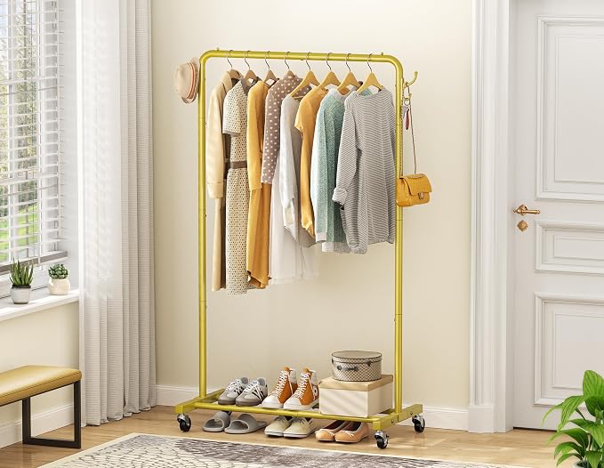 HOMIDEC Clothes Rail, Metal Clothes Rack with 4 Side Hooks, Bottom Storage Shelf and Wheels, Heavy-Duty Clothing Rail Holds Up to 40kg, Clothes Rails for Bedroom, Hallway, Clothing Stores, Golden