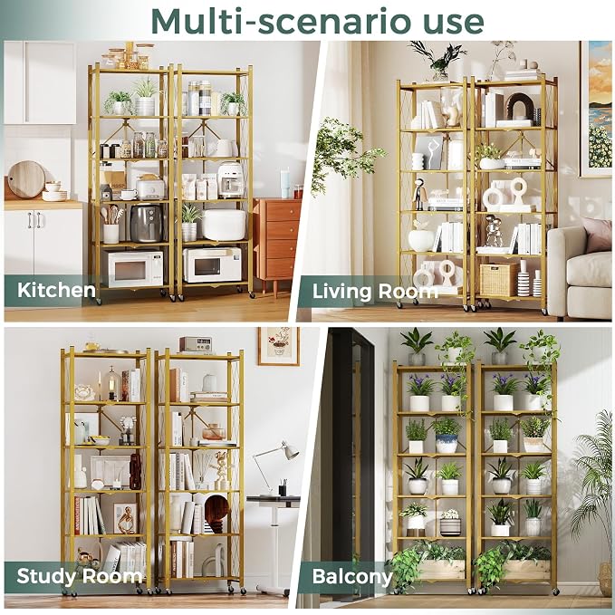DEANIC 6-Shelf Folding Bookcase with Wheels, Heavy Duty Storage Shelves, Freestanding Metal Wire Shelving Unit for Living Room, Office, Kitchen, Basement, Pantry (Gold 2 Pack)
