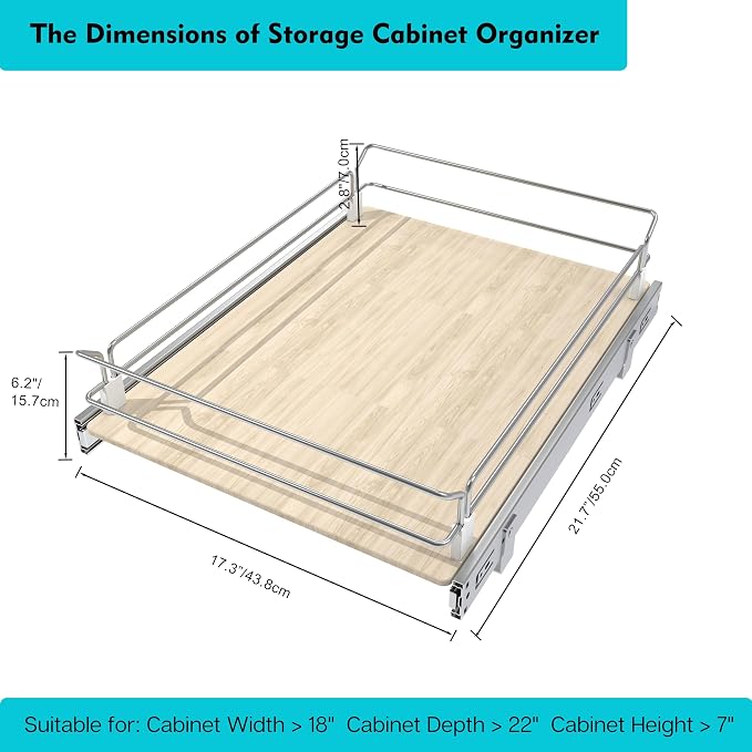 Pull Out Cabinet Organizer 17.45" W X 22" D, Wood & Chromed | Full Slide Out Drawers For Kitchen Cabinets, Cabinets Capacity Heavy Duty Caddy, Cabinet Pullout Shelves , Pantry Storage