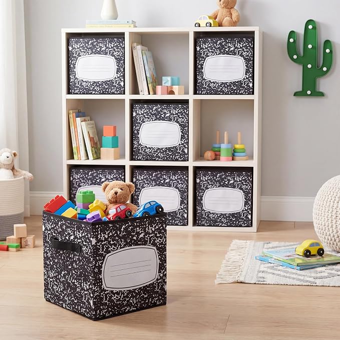 Yookeer 12 Pcs 11 Inch Composition Notebook Fabric Storage Cube Bin with Handle Zebra Print Foldable Classroom Container Cubby Basket for Back to School Decoration Office Home Nursery Organizer