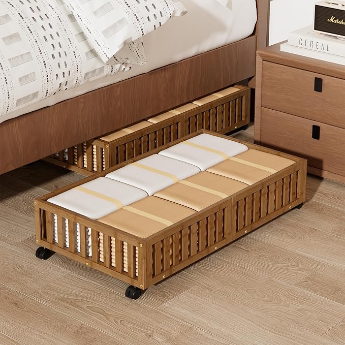 Under Bed Storage with Wheels, 2 Pcs Bamboo Drawers for Clothes and Toy | 360° wheels glide smoothly. Sturdy bamboo frames hold clothes, shoes, bedding and toys. Easy pullout access keeps rooms tidy