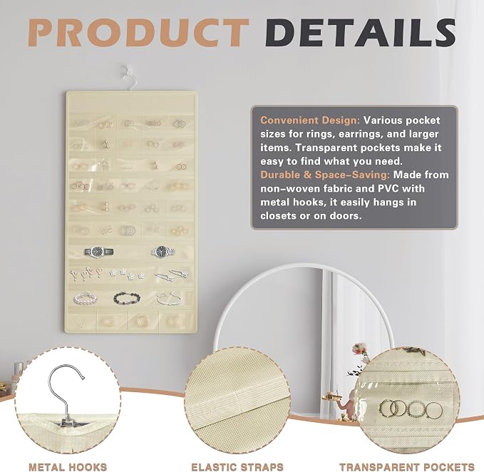 Hanging Jewelry Organizer, Double-Sided Necklaces Holder, Beige | 42 clear pockets organize rings & earrings; 36 wire necklace hooks reduce tangles; top hook hangs in closets, walls or doors.