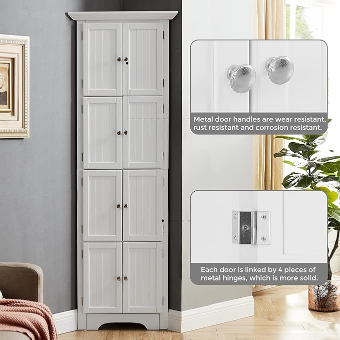 Tall Corner Bookcase Storage Cabinet with Doors and 4 Shelves, Freestanding Triangle Cabinet for Living Room, Kitchen, Office, Small Space, Floor Corner Storage Rack (White)
