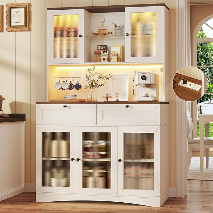HUAHUU 71" Kitchen Pantry Cabinet with Lights & Acrylic Doors, Pantry Storage Cabinet with Microwave Stand, Kitchen Hutch Food Cabinets with Charging Station, Adjustable Shelves, White