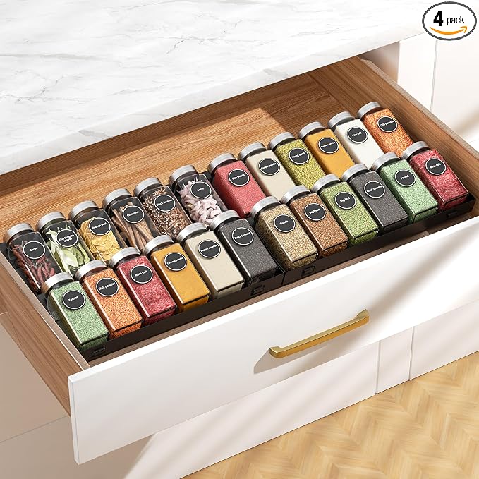 RCHYFEED 4 Tier Spice Drawer Organizer, (Need 3.5" Deep Drawer) 4 Pack Metal Non-Slip Spice Rack for Drawer Free Combination, Adjustable Spice Rack Drawer Insert, Spice Organization for Drawer
