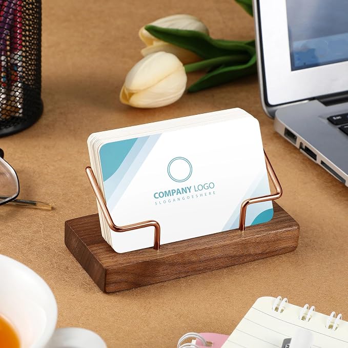 Amyhill 2 Pieces Wood Business Card Holder for Desk Wooden Business Card Display Stand Postcard Holder for Office Home Desktop (Walnut Color, Rose Gold)