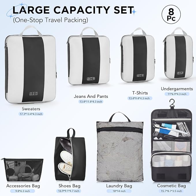 OlarHike 8 Set Compression Packing Cubes for Travel Essentials,Compressible Expandable Space Saver Bags for Organizing Clothes,Luggage Suitcase Garment Bags with Over 1000 pcs Mesh Holes(Black)
