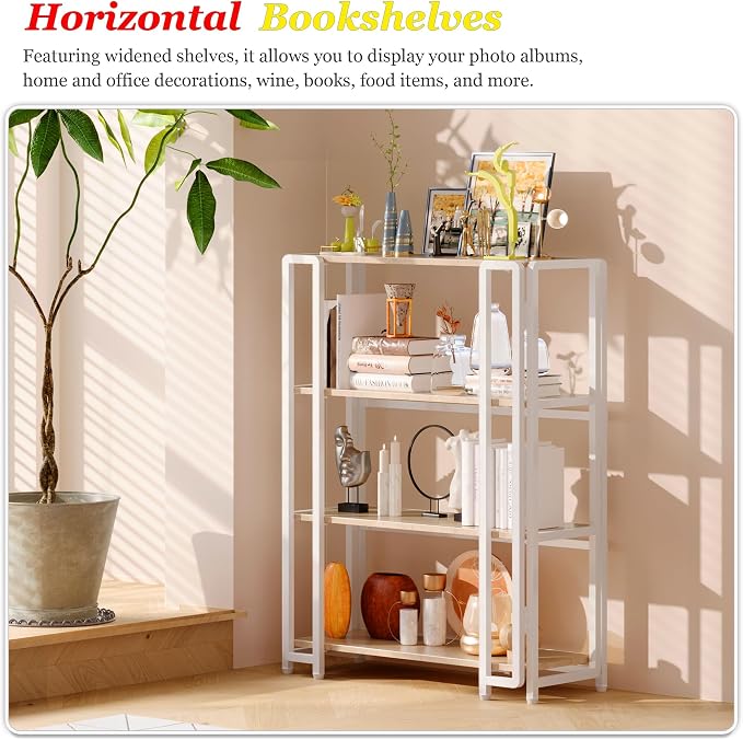 UDD 4 Tier Wide Folding Bookshelf No Tools Assembly, 34.5" H x 30.9" W, Foldable Book Shelf Vintage Collapsible Bookcase, Industrial Storage Shelves for Bedroom Office Living Room, Light Oak White