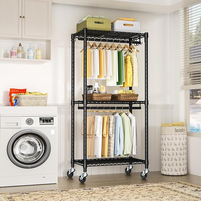 FUTASSI P3 Mini Rolling Clothes Rack, Clothing Racks for Hanging Clothes, Heavy Duty Garment Rack with Wheels, Freestanding Portable Closet Racks 23.6'' W x 14'' D x 78.5'' H, Max Load 430 Lbs, Black