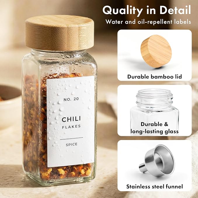 EDELHAUS Glass Spice Jars with Label, 36x Bamboo Wooden Lids - White Labels | Airtight Lids keep spices fresh, Kitchen Spice Drawer Organizer, 4oz Seasoning Containers incl. Funnel, Brush & 240 Labels