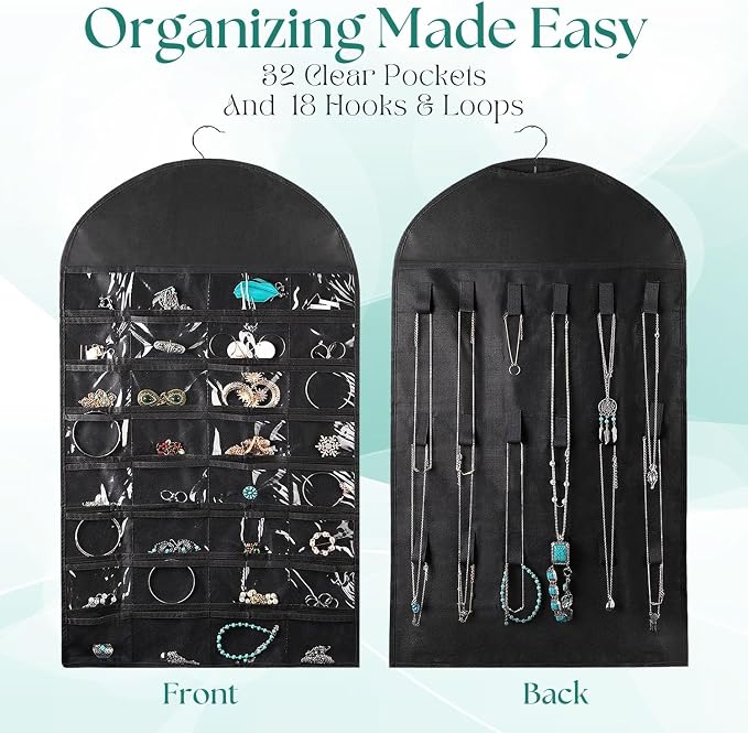 Flexzion Hanging Jewelry Organizer – (1 Pack) Black 32 Clear Pockets & 18 Hooks & Loops, Non-Woven Bag Dual Side Earring Storage Display Holder with for Necklace Bracelet Sunglasses | Double-sided jewelry storage bag with clear pockets and hook-and-loo...