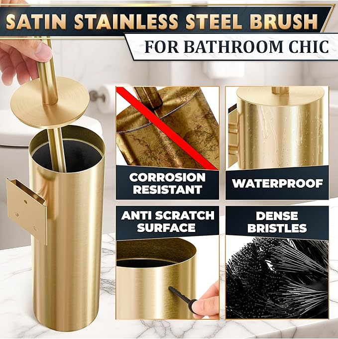 Wall Mounted Toilet Brush and Holder Set, Stainless Steel (Gold) | Wall Mount Toilet Brush Cleaner and Holder Set, Rust & Corrosion Resistant, Splash Guard, Dense Bristles, for Bathroom Decor