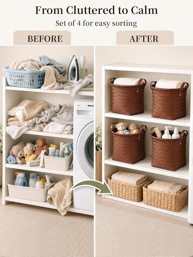 Hand Woven Baskets for Storage, 4Pcs Water-Resistant Wicker Baskets, Brown Wicker Storage Baskets for Shelves, Large Basket with Handle for Organizing, Closet, Laundry, Blanket - Round