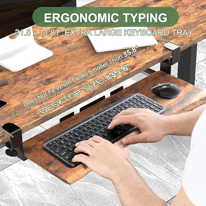 UPGRAVITY Extra Large Keyboard Tray Under Desk - Slide Out with Sturdy C-Clip Mount System, Extra Wide 31.5" (35.8" Including Clamps) x 11.8" Pull-Out Keyboard Computer Drawer, Rustic Vintage Brown