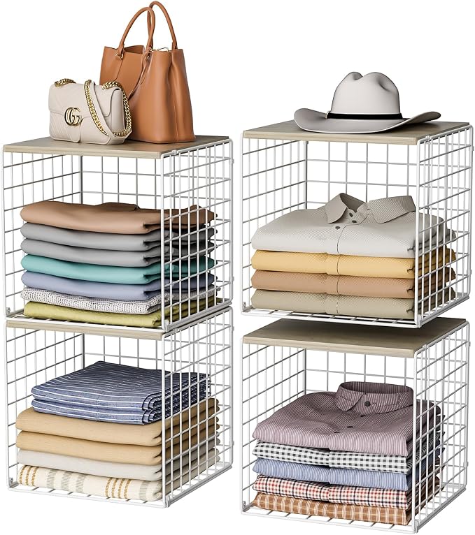 Hencawima 4 Pack Closet Organizers and Storage with Wood Top, Stackable Closet Shelf Organizer, Double Storage Design, Clothes Storage Basket/Cube Organizer for Wardrobe, Sturdy, White