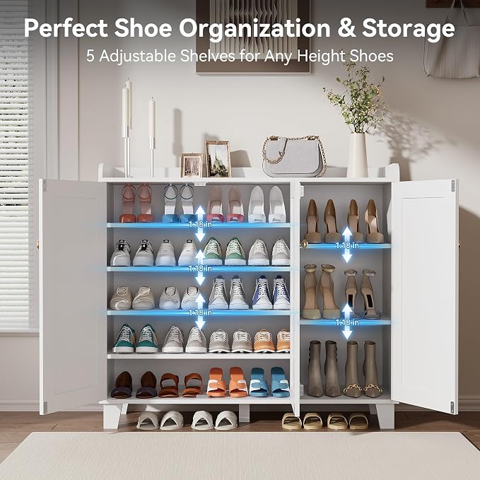 Shoe Storage Cabinet with 3 Doors and Adjustable Shelves，40 Inch Tall Farmhouse Flat-Shelf Wooden Shoe Cabinet，Shoe Rack Shoe Organizer Cabinet for Hallway Entryway Living Room （White）