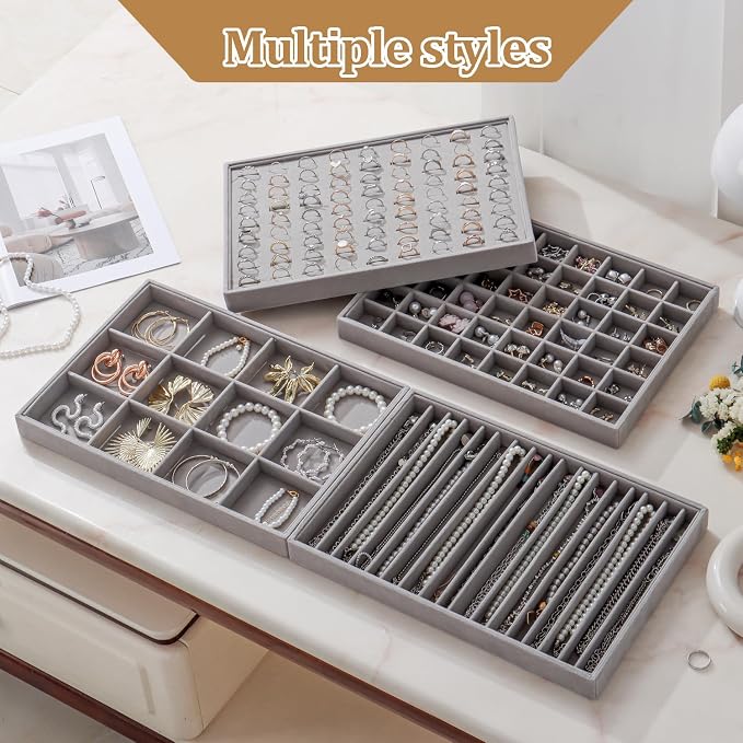 Large Jewelry Organizer for Drawer Insert Velvet Stackable Jewelry Trays for Earring Necklace Bracelet Ring Display (Gray, Ring 81 Slots)