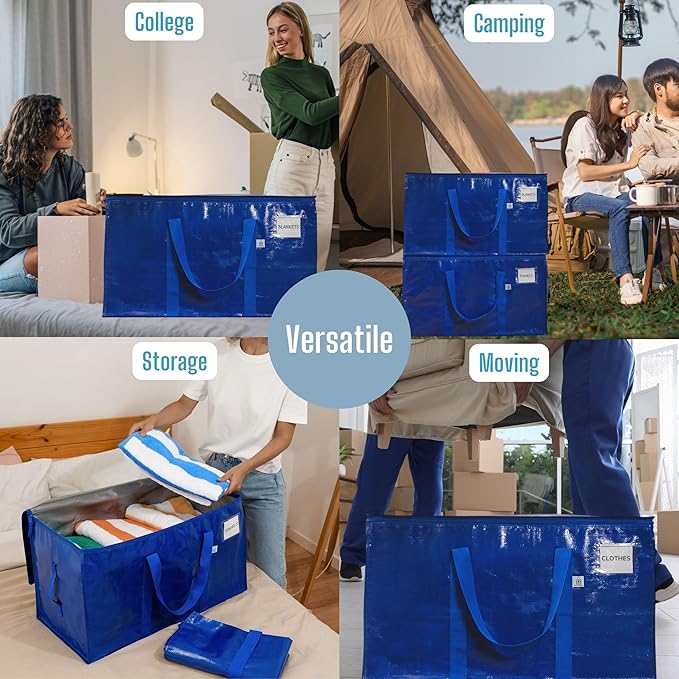 VENO 12 Pack Heavy Duty Moving Bags, 90L Extra Large Packing Storage Totes, 50lbs Load, Reinforced Handles, Zippers & Tag, for College Dorm Essentials, Clothes, Bedding (Blue)