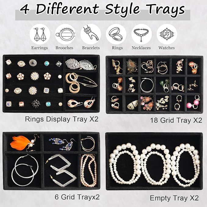 Jewelry Organizer Tray Set Of 8 Jewelry Trays For Drawers and Can Effectively Organize Jewelry Such As Rings, Earrings, Necklaces And Bracelets Jewelry Drawer Organizer (Black)
