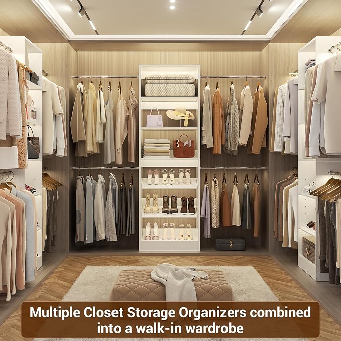 Unikito Closet System, 4-8Ft Wood Closet Organizer Starter Kit with Tower and 4 Extendable Hanging Rods, Walk-in Closet Organizer Wardrobe Clothes Rack with Adjustable Shelves, Garment Rack, White