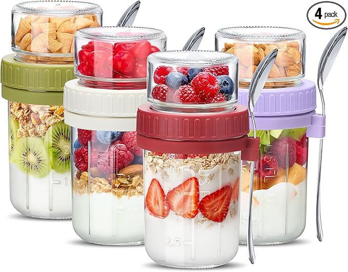 Danmu 4 Pack Overnight Oats Containers with Lids 21 oz (16+5),Dual-Layer Yogurt Parfait Cups with Lids,Meal Prep Containers Glass for Snack,Overnight Oats,Yogurt,Parfait,Salad Dishwasher Safe | 4pcs,Dry&Wet Separation,Wide Opening,Leakproof,Parfait Con...