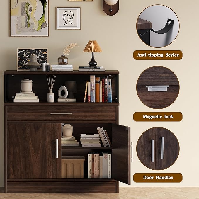 Meilocar Buffet Cabinet, Coffee Bar Cabinet, Wooden Kitchen Sideboard with Storage and Drawer, Farmhouse Storage Cabinet for Living Room, Dining Room, Dark Brown