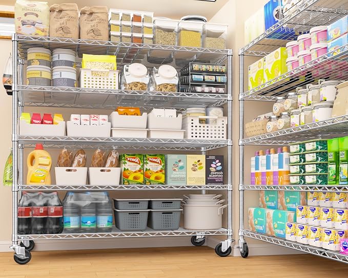 PrimeZone 5 Tier 48" Wx24''Dx81''H Wire Shelving with Wheels 3000lbs NSF Storage Shelves Heavy Duty Metal Shelf Adjustable Rolling Rack Commercial Garage Restaurant Warehouse Kitchen Chrome 6Pack