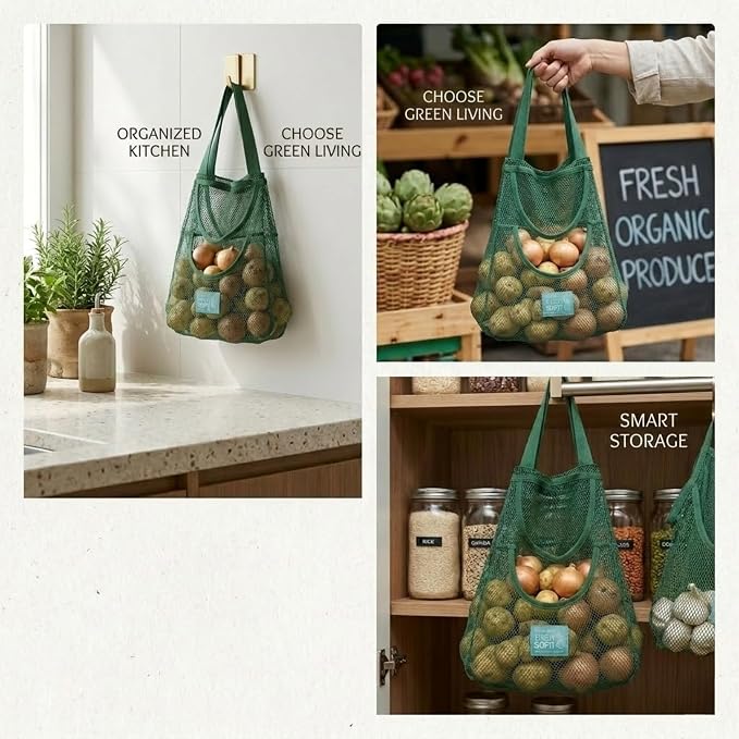Durable Hanging Mesh Bags for Fruit & Vegetables. Reusable, Breathable Storage for Garlic, Potatoes & Pantry. Eco-Friendly Kitchen Organizer & Decor (2 extra large blue bags)