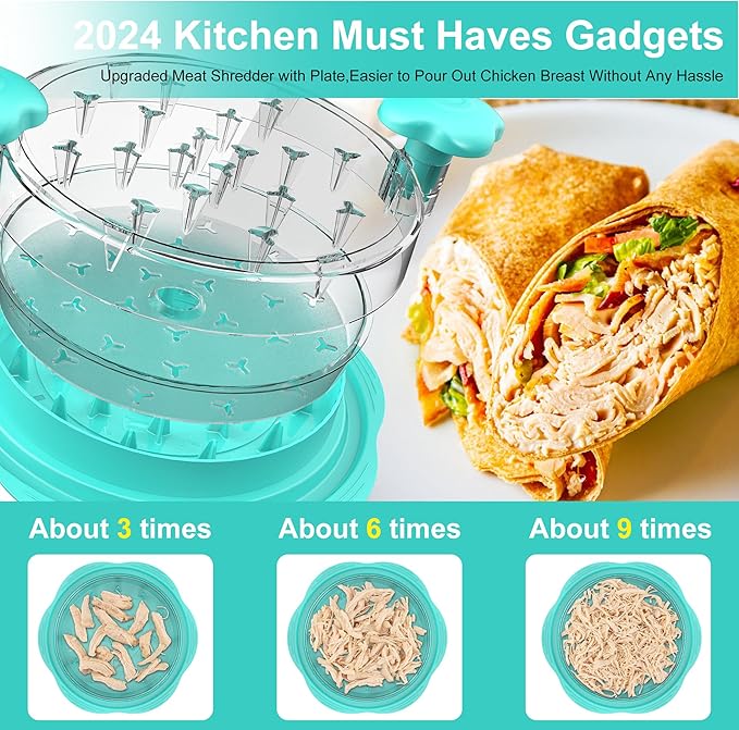 Chicken Shredder with Removable Plate - Manual Meat Shredder Tool with Transparent Lid & Cleaning Brush, Dishwasher Safe Kitchen Gadget for Shredding Chicken, Pork, Beef, Pulled Pork(Mint Green)