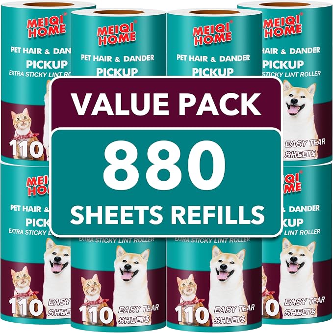 MEIQIHOME Extra Sticky Lint Roller Refills Only, 880 Easy-Tear Sheets for 3.9"-4" Lint Rollers with 1.5" Inner Diameter for Pet Hair Removal on Clothes, Furniture, and Carpets