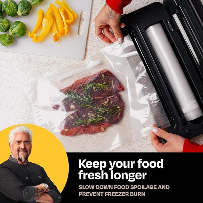 Guy Fieri's Flavortown Compact Vacuum Sealer, Dry & Moist Modes | Built-In Roll Storage, Includes 5 Quart Bags, 10ft Roll & Accessory Hose