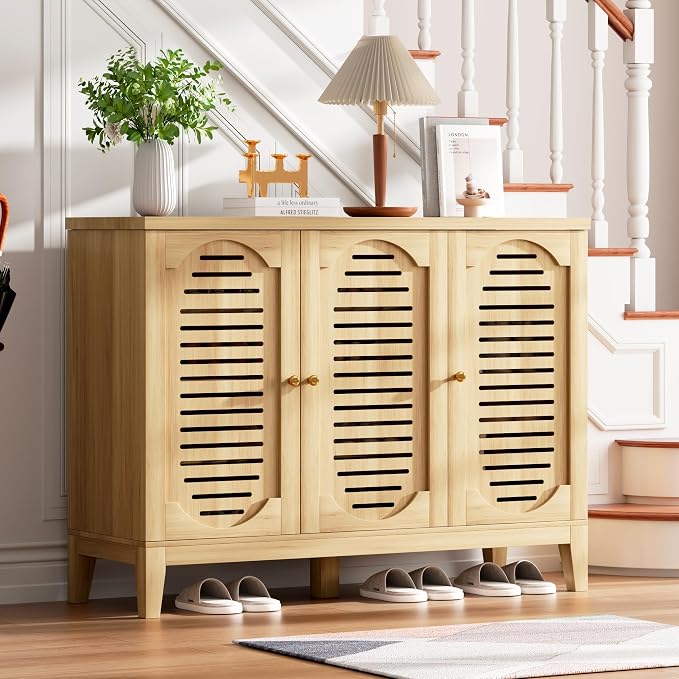 Vlsrka Shoe Cabinet with 3 Doors, Narrow Wooden Shoe Cabinet, Hidden Shoe Storage for Entryway, Foyer, Hallway (Brown C)