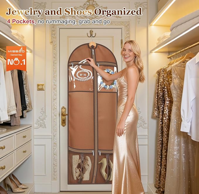 MISSLO 60" Dress Bags for Gowns Long with 4 Large Pockets Garment Bags for Travel for Women Heavy Duty Wedding Dress Bag for Hanging Clothes Garment Covers, Beige