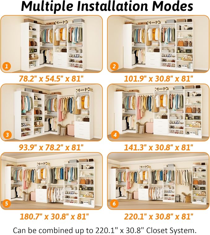 Closet System with 3 Drawers, 8FT Closet Organizer System with Adjustable Shelves & Expandable Hanging Rods, Corner Closet Storage Organizer, Modular Closet System for Walk-in Closet with 4 Sets,White